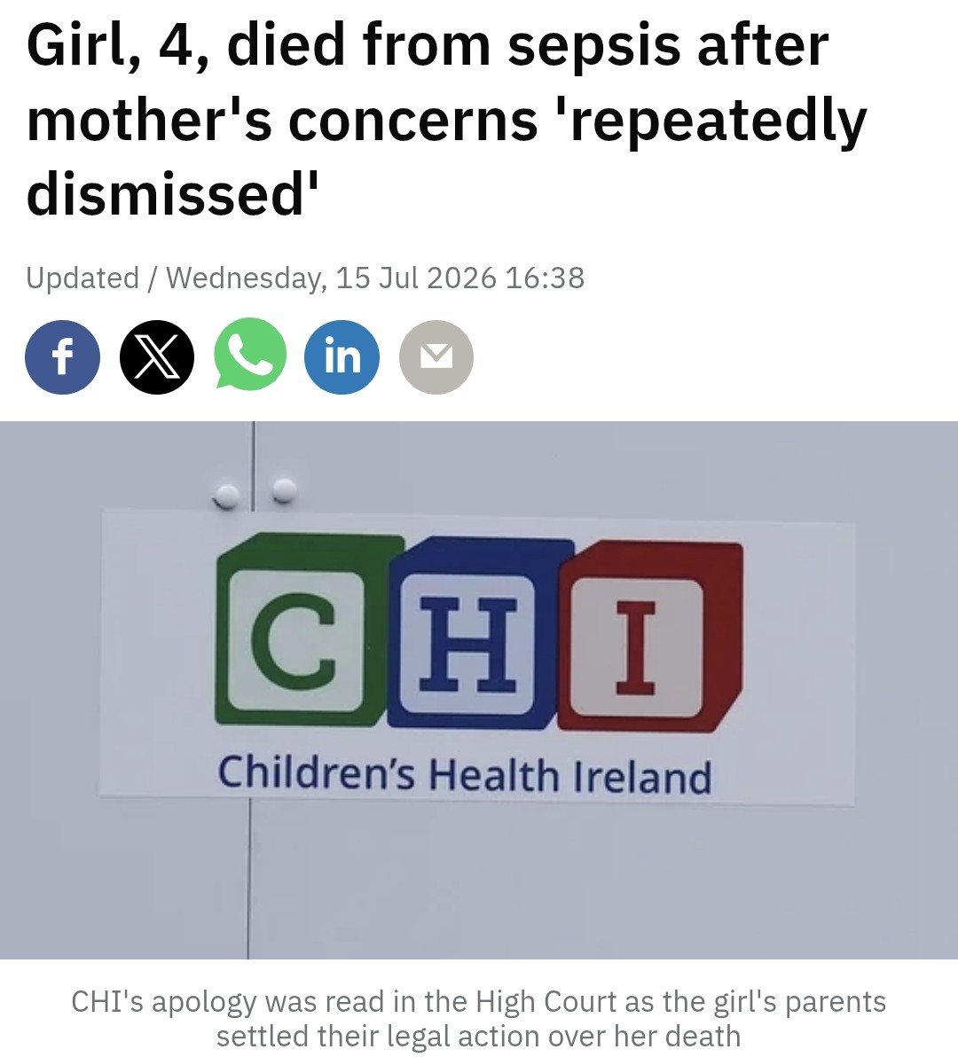 CareChampions2's tweet photo. Another devastating reminder of why we must always listen to family instincts when it comes to medical emergencies. 💔

Children’s Health Ireland (CHI) has issued a formal apology in the High Court to the family of a four-year-old girl who tragically died of meningococcal sepsis, after her mother’s repeated warnings about meningitis were dismissed by medical staff.

The young girl's mother discovered a rash and repeatedly raised concerns that her daughter had meningitis. She was dismissed, and the child was instead diagnosed with a respiratory tract infection.

Medical experts stated there were multiple "amber and red flags" pointing to sepsis, but standard protocol was not followed.

The girl’s condition rapidly deteriorated. By the time attempts were made to treat the meningitis at another hospital, it was too late. She passed away just hours after her initial admission.

In a letter signed by CHI Chief Executive Lucy Nugent, the healthcare group expressed profound regret:

"Children's Health Ireland would like to sincerely apologise for the failures in the care provided to her and to confirm that it is committed to learning from her death."

May this little girl rest in peace and our condolences to her heartbroken family

#SepsisAwareness #Meningitis #PatientSafety #CHI #Apology 

https://t.co/Je8DjKUIYx