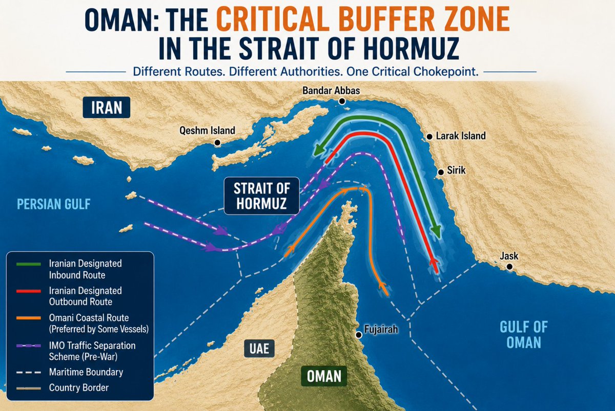SauravK1890's tweet photo. Why does Oman's coastline matter?

Oman's coastline has acquired enormous strategic value amid the US-Iran conflict. It provides an internationally recognised maritime corridor that allows commercial vessels to navigate the Strait of Hormuz while reducing exposure to Iranian territorial waters. 

In times of crisis, this coastline becomes a strategic buffer supporting freedom of navigation, lowering operational risk and helping sustain one of the world's most critical energy trade routes. 

Interestingly, Oman pursues a carefully balanced foreign policy. It maintains cordial relations with Iran while also being a long-standing security partner of the United States and keeping cooperative ties with the Gulf Cooperation Council (GCC) states. This unique position has enabled Muscat to act repeatedly as a trusted mediator.

@saturday_posts @OmanObserver 

#WestAsia #USIranWar