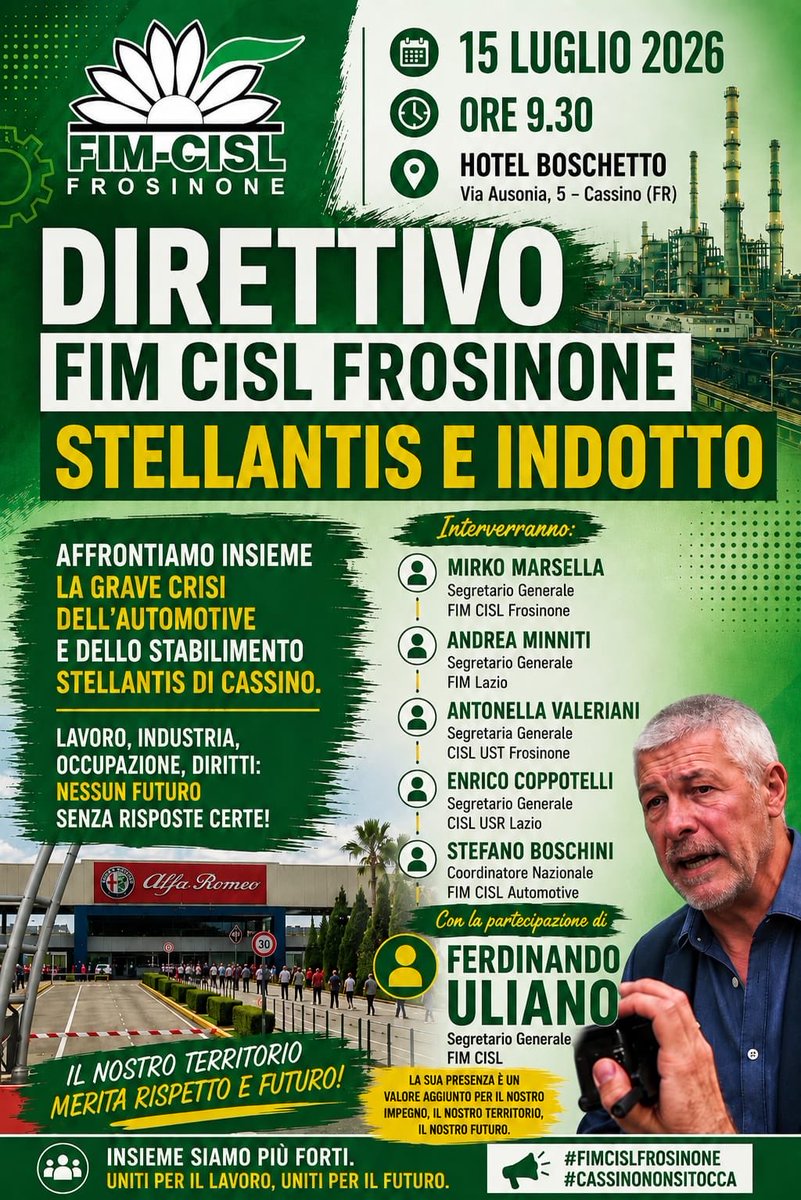 ferdi_uliano's tweet photo. Oggi al Consiglio Generale #FimCisl #Frosinone abbiamo richiamato #Stellantis e il #Governo alle proprie responsabilità. Il cambio di passo annunciato dalla nuova dirigenza di Stellantis deve tradursi rapidamente in fatti concreti in tutti gli stabilimenti italiani https://t.co/TtbqIpE5sB