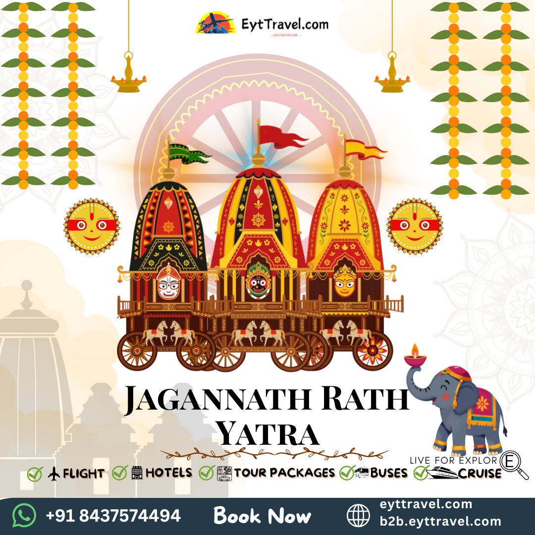 EytTravel's tweet photo. Jagannath Rath Yatra 
Celebrate faith, culture, and tradition with a memorable pilgrimage to Puri.
Book your journey with EytTravel 
📞+918439574494
🌐https://t.co/6KyJoaJo9Q
For Travel Agents - https://t.co/bAk041MhCA

#JagannathRathYatra #JaiJagannath #Puri #Odisha #EytTravel https://t.co/OxQwlVyMPE