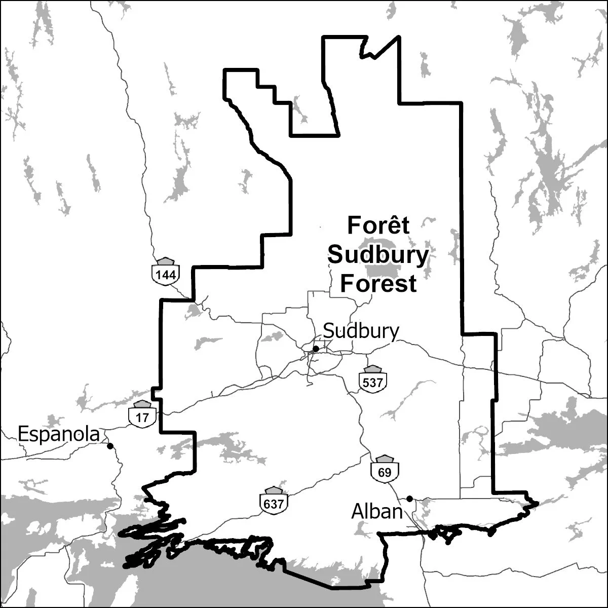 Map of the Sudbury Forest including markers for municipalities and highways