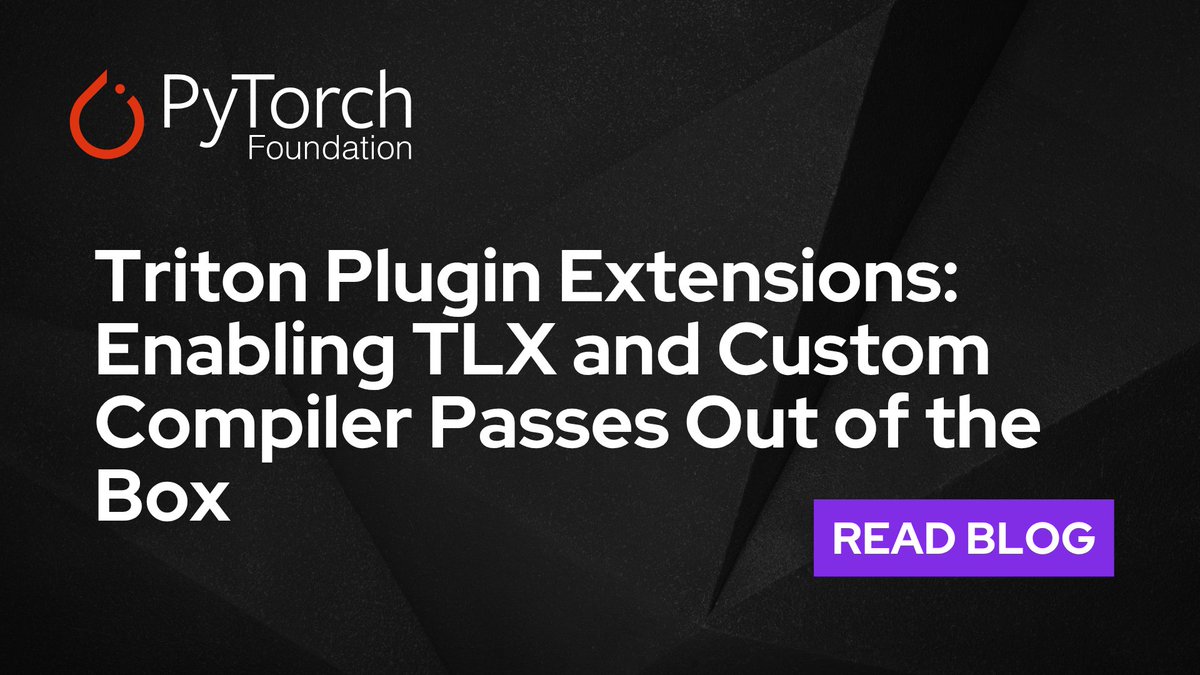 PyTorch's tweet photo. The PyTorch-Triton 3.7 release introduces the Triton Plugin Extensions system, a framework for dynamically loading custom compiler passes, dialect ops, and DSL extensions into upstream Triton at runtime, without forking or recompiling.
 
Read the technical deep dive and how to get started here 👉 https://t.co/9BXHtatNyf