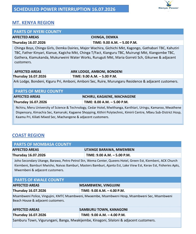 KenyaPower_Care's tweet photo. Good Evening. The listed areas will be under planned power maintenance tomorrow (16th July 2026). ^WN https://t.co/lY5tqta86X