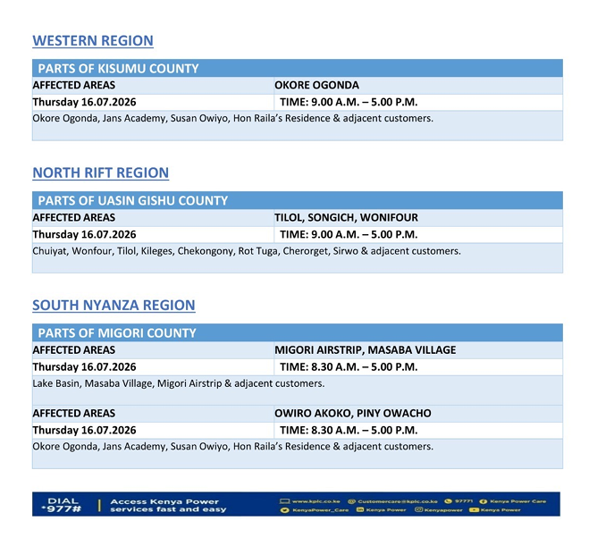 KenyaPower_Care's tweet photo. Good Evening. The listed areas will be under planned power maintenance tomorrow (16th July 2026). ^WN https://t.co/lY5tqta86X