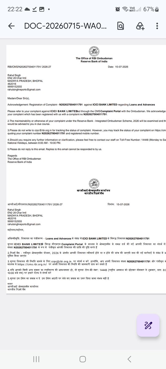 rahulreports's tweet photo. For nearly 3 months, I have been writing to ICICI Bank, right up to its highest levels of management, explaining one simple fact. My home financed by the bank was completed years ago, has been occupied by a tenant since July 2023, and I submitted the electricity bill and other proof of completion to the bank. 

Yet, ICICI Bank imposed a penalty alleging non submission of construction proof.

The branch admits my documents are on record and repeatedly assured me the matter had been escalated and resolved. Meanwhile, senior officials insisted I was at fault.

Then the bank froze my account by placing a lien without notice. Because of that very lien, the bank failed to recover my home loan EMI despite sufficient funds being available in my account, declared me a defaulter and imposed another penalty. I am now forced to fight two penalties created entirely by the bank's own actions.

Throughout this period, I repeatedly informed the bank that I would approach the RBI if my grievance remained unresolved. Yet nothing changed. If a customer can be made to run from the branch to the highest management for months despite documentary proof, one has to ask a serious question. Does the banking regulator's oversight still inspire timely compliance, or have customer grievances become too easy to ignore?

As a former State Information Commissioner, I find this deeply disturbing. Accountability cannot remain a slogan. A regulator is respected not by its powers on paper, but by the willingness of regulated entities to promptly correct obvious wrongs.

@ICICIBank @ICICIBank_Care @RBI