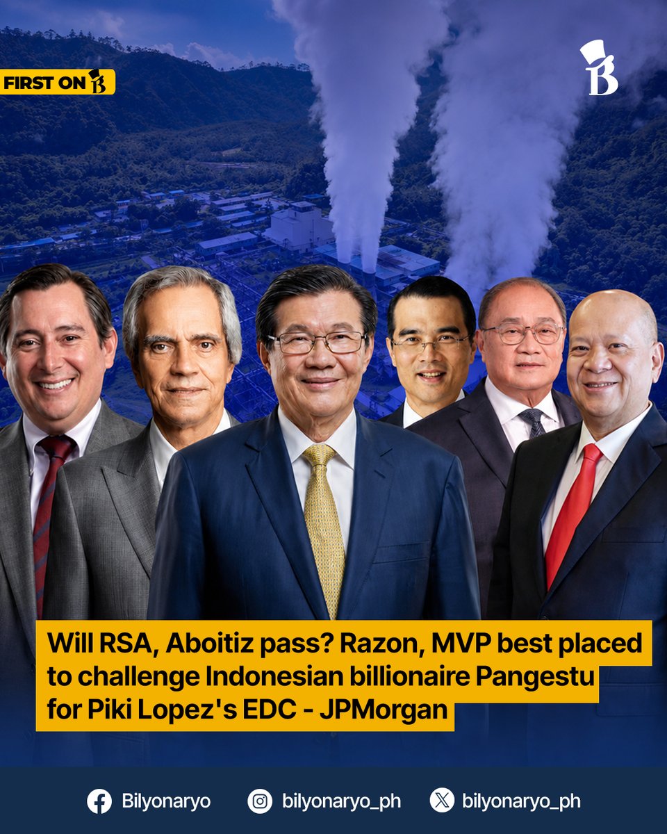 bilyonaryo_ph's tweet photo. FIRST ON B: Who can stop Indonesian billionaire Prajogo Pangestu from taking control of one of the Philippines’ biggest renewable energy companies?

Not Ramon S. Ang or Aboitiz Power, according to Wall Street investment bank JPMorgan.

Instead, the bank sees only Enrique “Ricky” Razon Jr.’s Prime Infrastructure and Manuel “Manny” V. Pangilinan’s Meralco as the “potential contending bidders” among Philippine generation companies.

READ: https://t.co/Wykn2EgBLT