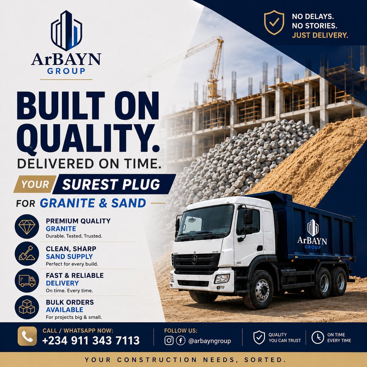 ArbaynGroupNG's tweet photo. Built on quality. Delivered on time. 🏗️ 
For premium granite, sharp sand, and reliable delivery.
ArBAYN Group is your trusted construction partner.

#ArBAYNGroup #GraniteSupply #SharpSand 
#ConstructionMaterials #BuildingNigeria https://t.co/0Daad5CgZr