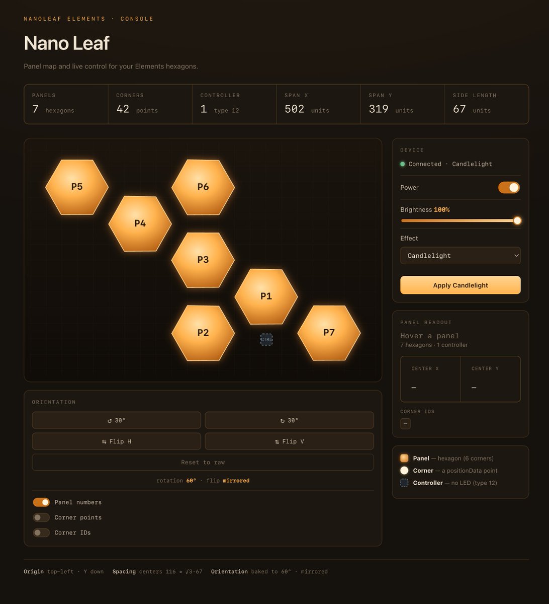 joshmedeski's tweet photo. Playing around with some custom utilities to interact with my @nanoleaf elements. https://t.co/gxFiAQiGDy
