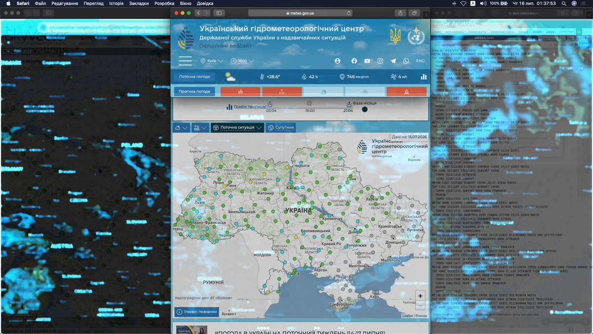 RJt5observatory's tweet photo. https://t.co/SvjfAS1C2s
🇺🇦✈︎UHMI Reports weather Portal surface 1000/1000hpa                                15/17xxZ 15th,July 2026                     

introduces UHMI Weather portal from the 2022 Український гідрометеорологічний центр ⚠︎Accuweather rainy rader[#P6w #RJt5]    

[AWC/Vietor AWC origins graphs its expands the display area by displaying it s an app using Chrome]    

AWC Metar's results Skyvector with                                                דוח מזג אווירz תעופתי באוקראינה 
Текст, наприклад   джерело зображення, в будовано в кожне зображенн