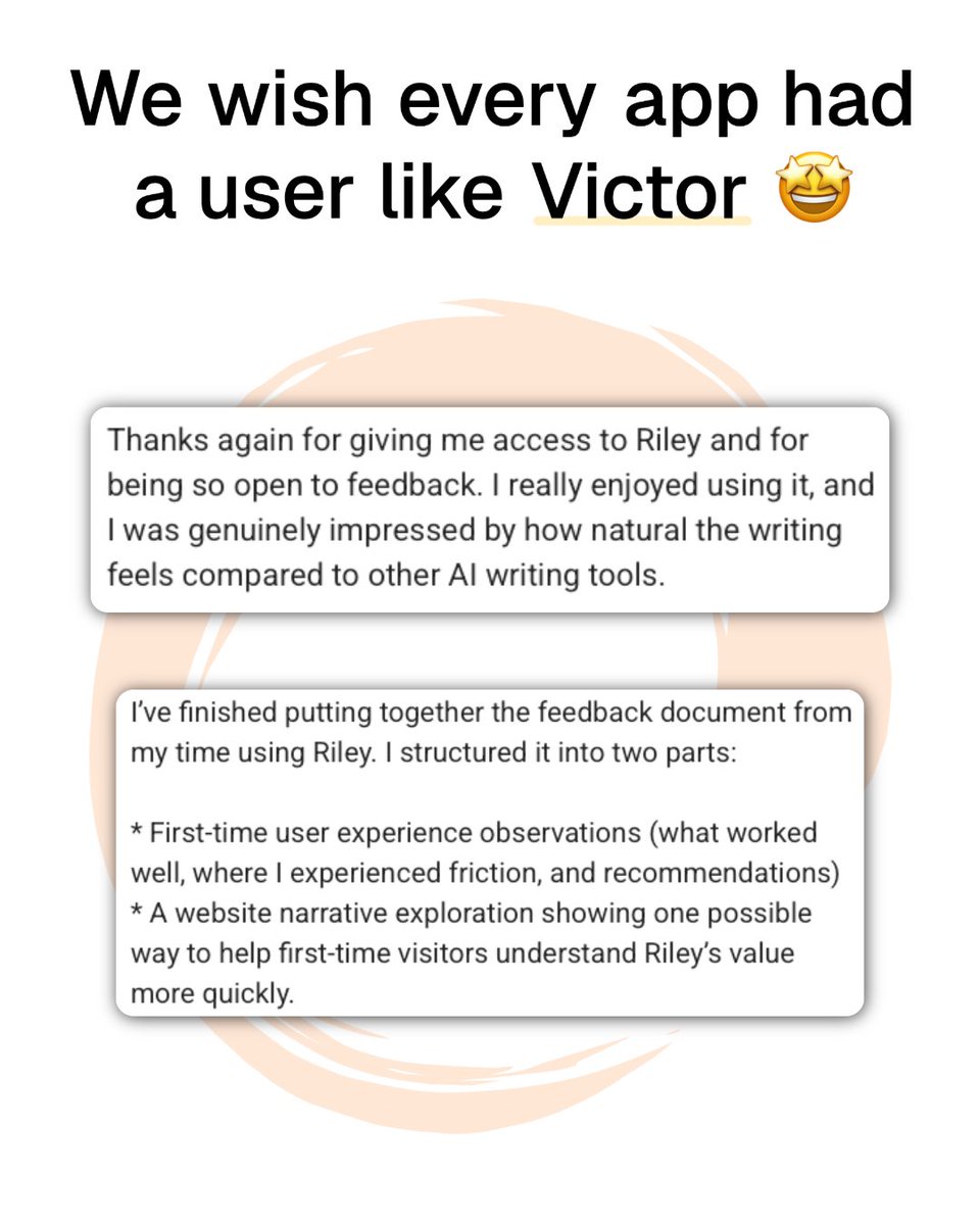 rileywrites_ai's tweet photo. We gave Victor early access to Riley. He gave us a full UX feedback doc in return.

If you've tried Riley and have comments, we're listening.

#BuildingInPublic https://t.co/ono87XuTnD