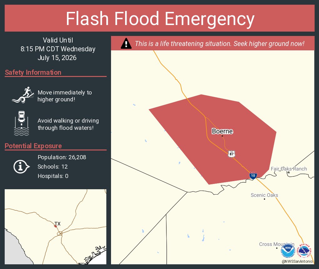 NWSSanAntonio's tweet photo. Flash Flood Emergency including Boerne TX until 8:15 PM CDT https://t.co/E8gc8EioaN