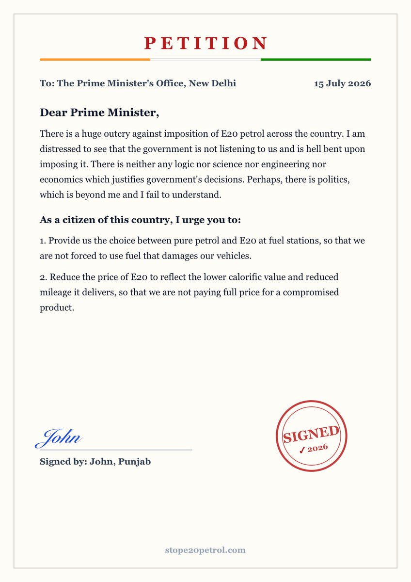 JohnSabarwal's tweet photo. I just signed this citizens' petition requesting that standard petrol continue to remain available alongside E20.

If you believe consumers should have the freedom to choose the right fuel for their vehicle, please take 30 seconds to read and sign: https://t.co/MBGTE0n21h https://t.co/VcpSvnXuit