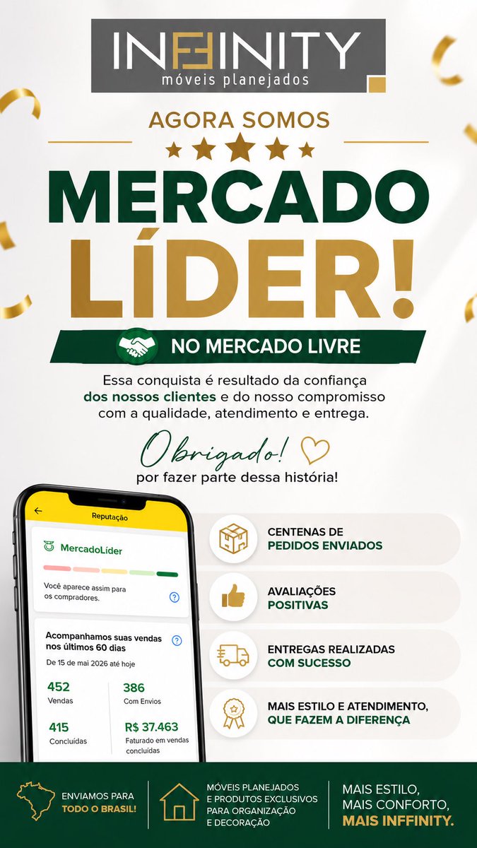 inffinitymoveis's tweet photo. Uma grande conquista merece ser compartilhada! 🎉

A Inffinity acaba de conquistar o selo Mercado Líder no Mercado Livre.

Esse reconhecimento é concedido aos vendedores que mantêm um alto padrão de atendimento, entregas, reputação e satisfação dos clientes. https://t.co/HdCiLVqN1W