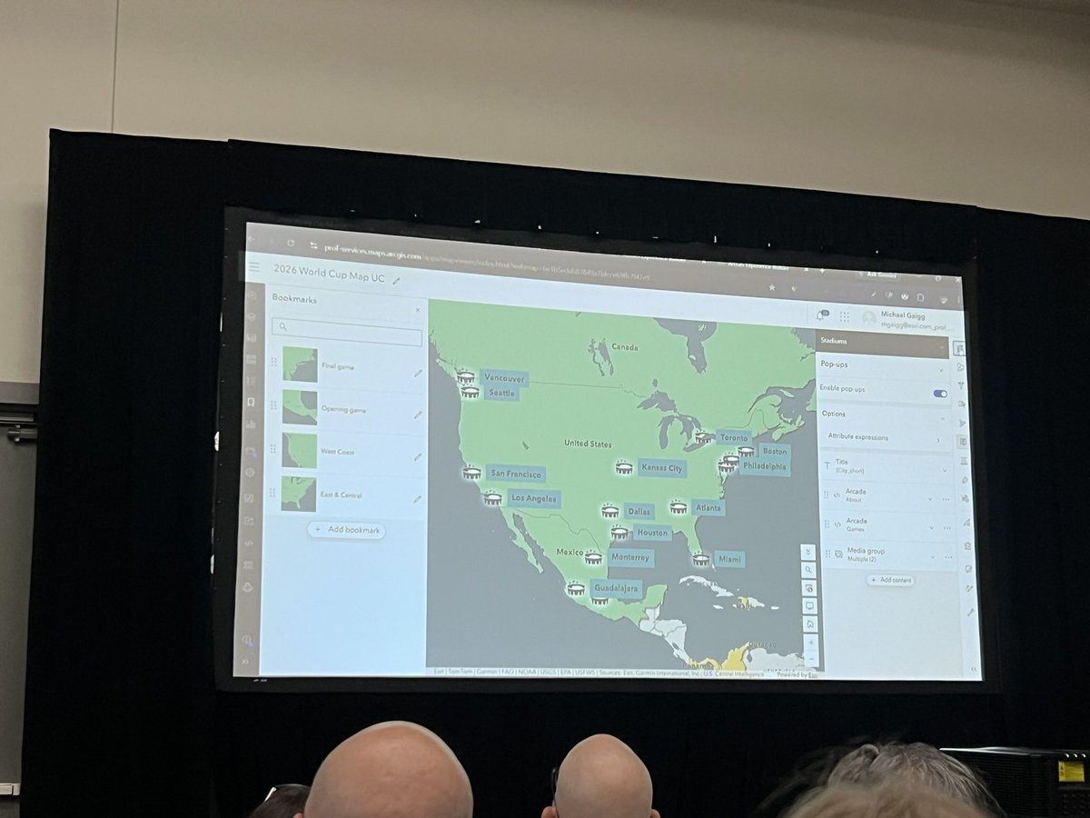 lucygeog's tweet photo. #EsriUC2026 I’m in a really fun session about EB best practices with Michael Gaigg and Wei Ying. We’re looking at @FIFAWorldCup stadiums on a map of course! Go @ARG_WorldCup !!! https://t.co/2h0RvLrVQg