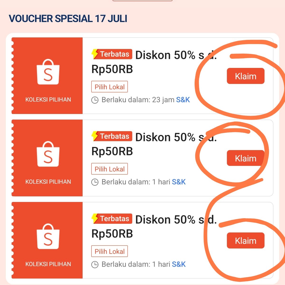 kimmyexp's tweet photo. CLAIM buat nanti malem DISKON 50% 50RB

pilih lokal 🇮🇩 (bulan kemaren banyak yg dpt tumben😭)

🗓️berlaku 17 Juli 2026
📍minbel 100RB
📍berlaku produk pilih lokal 🇮🇩
✅ALL PAYMENT

claim sekarang di sini👇🏻
https://t.co/0trHBHGRQJ https://t.co/kBm0ktS04R