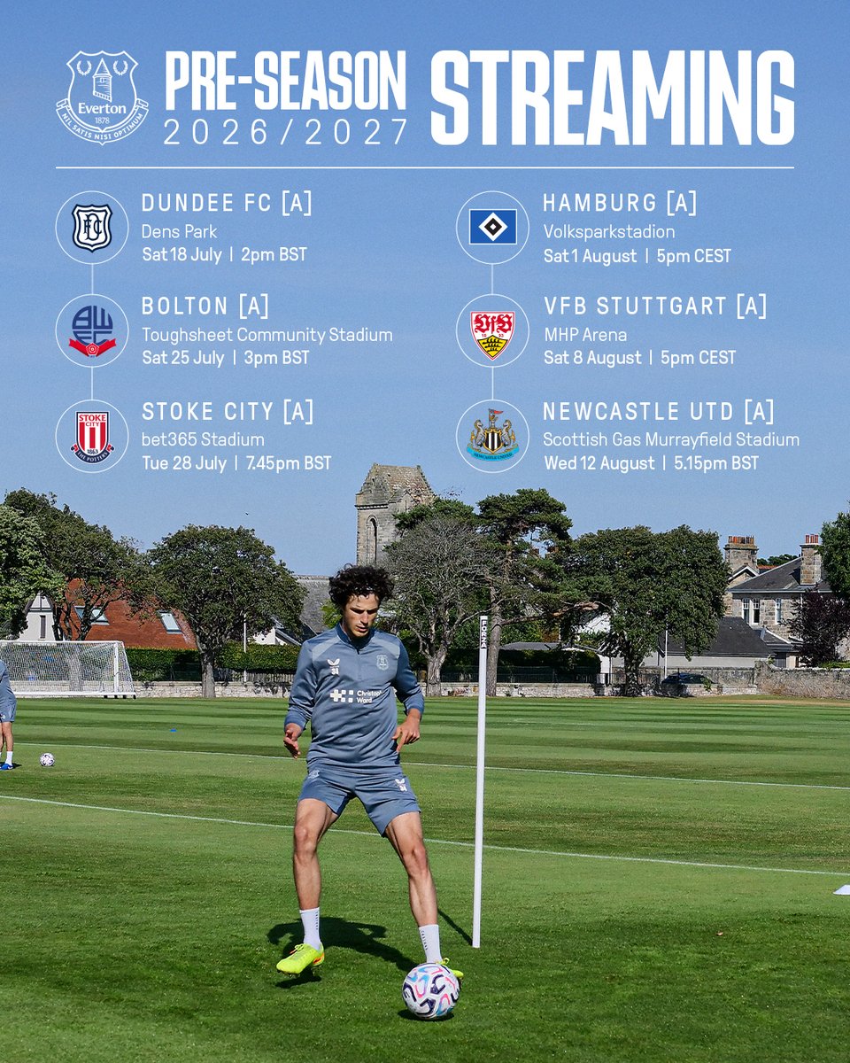 Everton's tweet photo. All six of our away pre-season fixtures will be available to stream live on evertontv.

Full details 👇