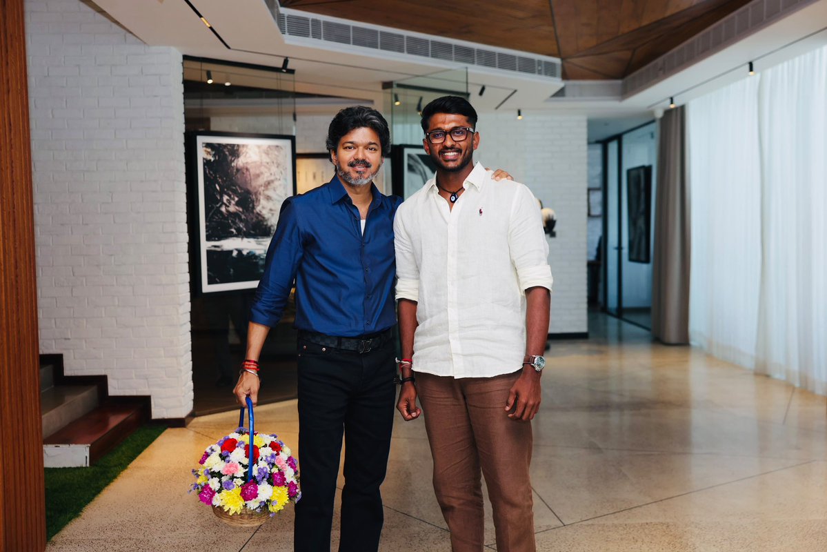 ChennaiTimesTOI's tweet photo. Namma Chennai's very own Indian cricketer, #SaiSudharsan, met with the Honourable Chief Minister, #JosephVijay and extended his best wishes! https://t.co/OUWNR9kAt1