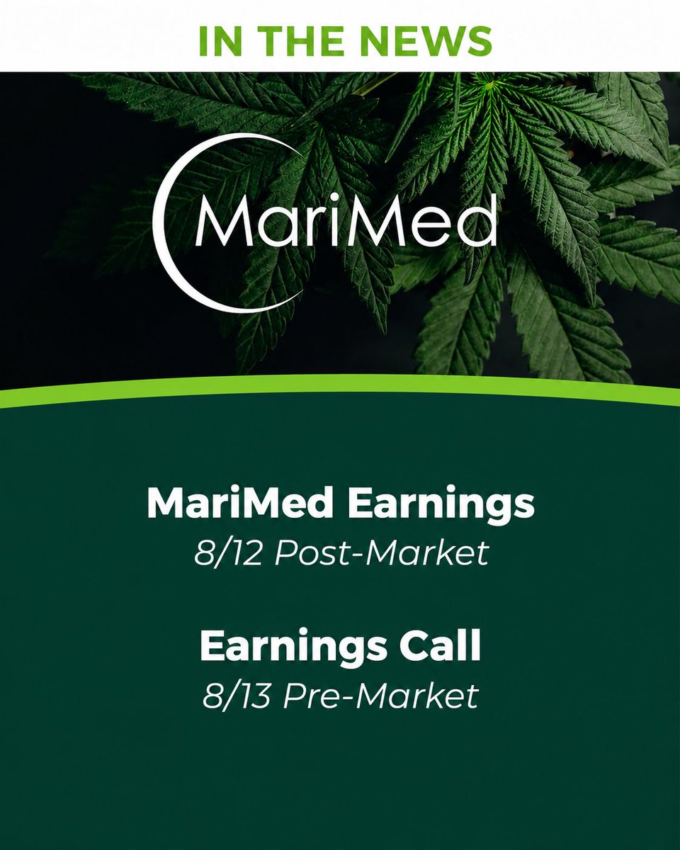 MariMed_Inc's tweet photo. Mark your calendar. We will report our 2Q 2026 financial results on Wednesday, August 12 after market close and conduct our conference call on Thursday,  August 13.

Join us on the call: https://t.co/DK8qXcA9LK
#MariMed #Cannabis #CannabisCommunity #MSOGang #PotStocks $MRMD https://t.co/hIkbnvanFI