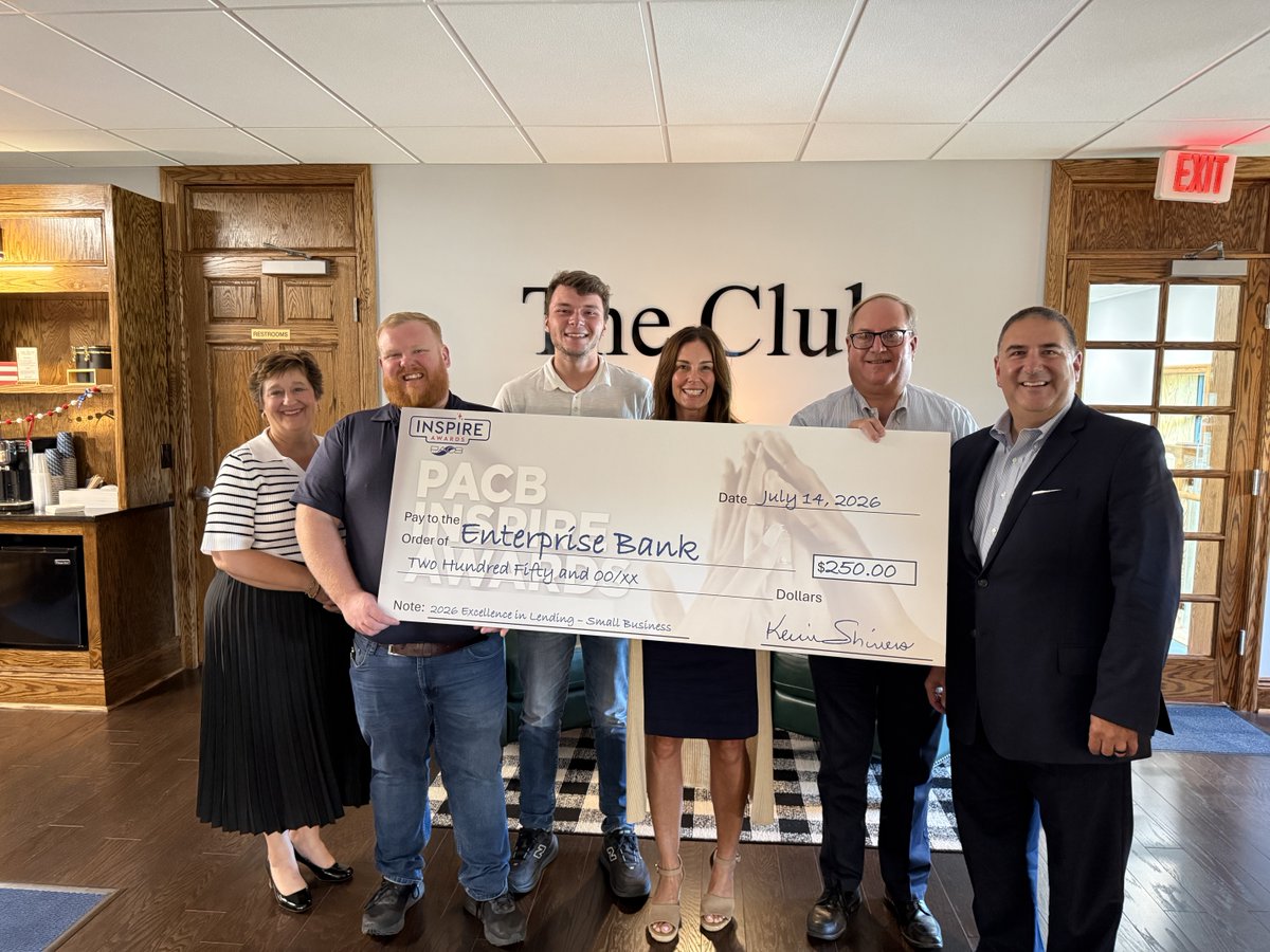 PaCommBankers's tweet photo. @pacommbankers recently visited @Enterprise_Bank &amp; presented a check in recognition of its Excellence in Marketing/Digital &amp; Social award from the 2026 INSPIRE Awards ceremony.

As part of that award, funds will be used to support their future community efforts! https://t.co/OHoRsj3KOf