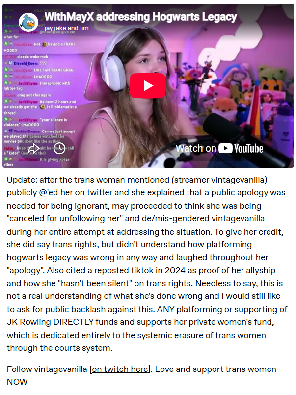 SkittingCat's tweet photo. We need a real apology. As a trans woman, i think may was being ignorant rather than malicious, but we deserve a real apology that shows she knows what she did wrong. Platforming a game that is directly sending money to kill trans people, and not listening to a trans woman is BAD https://t.co/YBgcnmGy6U