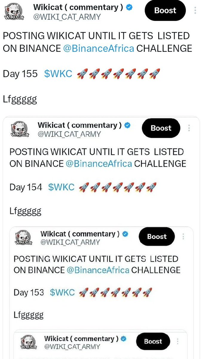WIKI_CAT_ARMY's tweet photo. POSTING WIKICAT UNTIL IT GETS  LISTED ON BINANCE @BinanceAfrica CHALLENGE 

Day 156   $WKC  🚀🚀🚀🚀🚀🚀🚀

Lfggggg https://t.co/meMlNaflCB