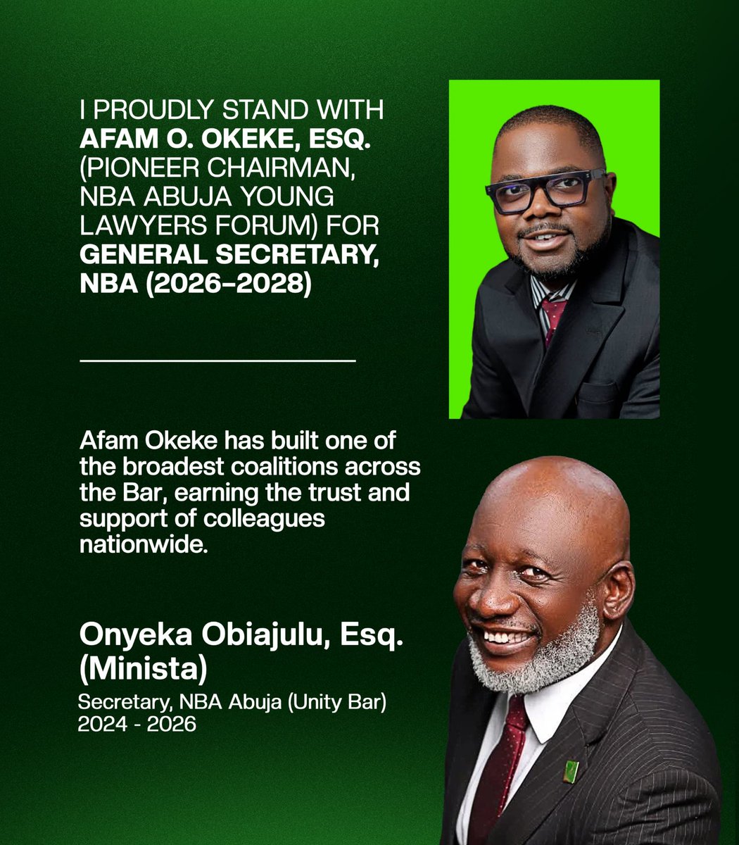 afamefunaookeke's tweet photo. Leadership is about building coalitions, inspiring confidence, and bringing people together.

Afam Okeke has built one of the broadest coalitions across the Bar, earning the trust and support of colleagues nationwide.

On Election Day, vote Afam Okeke for General Secretary, Nigerian Bar Association (2026–2028).

Onyeka Obiajulu, Esq. (Minista)
Secretary, NBA Abuja (Unity Bar)
2024 - 2026

Vote AFAM O. OKEKE for GENERAL SECRETARY.

#AfamOkeke
#AccessibleSecretariat
#NBA2026
#InTheServiceOfTheBar