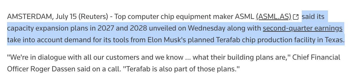 HyperSharkk's tweet photo. แล้วล่าสุด CEO ของ $ASML ยืนยันว่าได้คุยกับ Elon Musk โดยตรงเกี่ยวกับ Project Terafab

และที่สำคัญคือ $ASML ใส่คำสั่งซื้อของ Project นี้ไว้ในแผนกำลังการผลิตปี 2027-2028 แล้ว

เป้าหมายของ Terafab คือผลิตชิปให้ทั้ง Tesla, SpaceX, xAI และ Optimus ในอนาคต เพื่อลดการพึ่งพาผู้ผลิตรายอื่น (ผมว่า Elon มองเกมยาวจัดๆ เพราะรู้โลกนี้ยังต้องการชิปอีกเยอะ)

ยังไม่พอ เครื่อง EUV ของ $ASML มีจำกัด และใช้เวลาผลิตนาน การที่ $ASML เริ่มกันกำลังการผลิตไว้ให้ Terafab แปลว่า Project นี้มีโอกาสเกิดจริงๆ

ถ้า Connect the dots ต่อ...
-> $ASML ได้ออเดอร์เครื่อง EUV เพิ่ม
-> $TSM อาจจะมีลูกค้ารายใหญ่ที่ค่อยๆ สร้างกำลังผลิตของตัวเองในระยะยาว
-> $AMAT, $LRCX, $KLAC พวกกลุ่มอุปกรณ์ผลิตชิป มีโอกาสได้ประโยชน์ไปด้วย ถ้าโรงงานเริ่มสร้าง
-> $ONTO, $CAMT กลุ่ม Metrology / Inspection ก็อาจจะได้ประโยชน์ตามการขยายกำลังผลิตไปด้วย
-> และกลุ่ม Advanced Packaging ด้วย พวกนี้ก็จะได้ประโยชน์ ถ้า Terafab ไปไกลกว่าการผลิตแค่ wafer