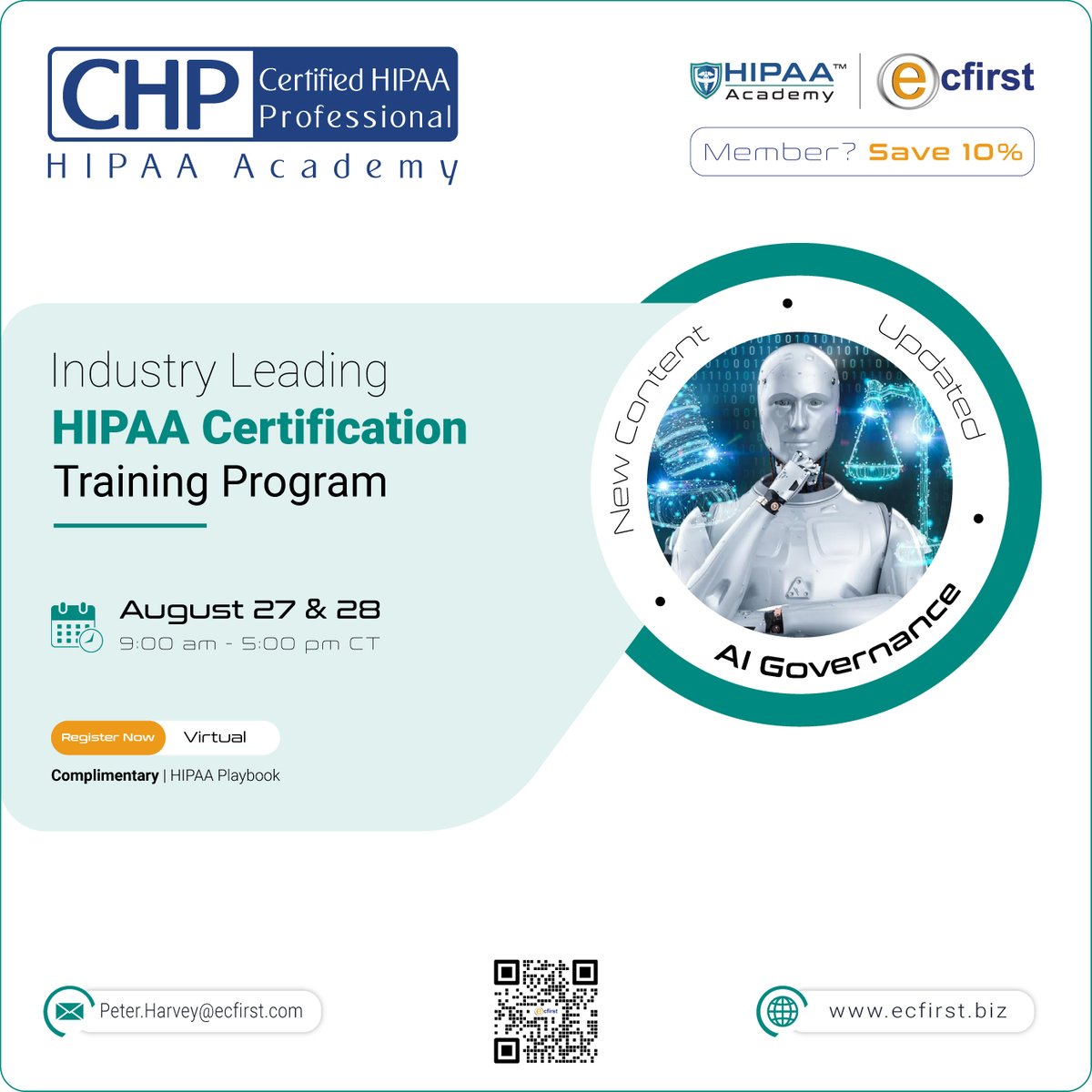 ecfirst's tweet photo. Strengthen your HIPAA expertise with ecfirst’s Certified HIPAA Professional (CHP) training on Aug. 27-28.

Register: https://t.co/ua866yYbCi

#HIPAA #CHP #HealthcareCompliance #ecfirst https://t.co/2mFvbajt1G