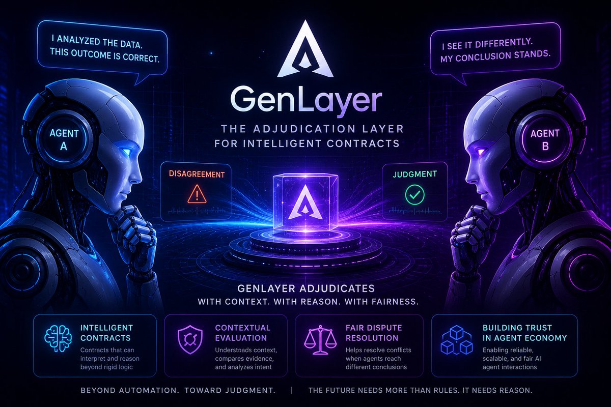0xJahangirr's tweet photo. Most people think the hardest part of AI is making better decisions. I think the harder problem is what happens when two capable AI agents reach different conclusions from the same information.

Traditional smart contracts are deterministic. They execute predefined rules, but they cannot interpret context or evaluate competing arguments when a disagreement appears.

That is where @GenLayer stands out.

GenLayer introduces an adjudication layer powered by Intelligent Contracts. Instead of treating every interaction as a simple yes or no condition, these contracts can reason through context, compare evidence, and support fair dispute resolution.

As AI agents begin handling more economic activity, trust will depend not only on execution but also on judgment. Building infrastructure for resolving disagreements may become just as important as building infrastructure for automation itself.
