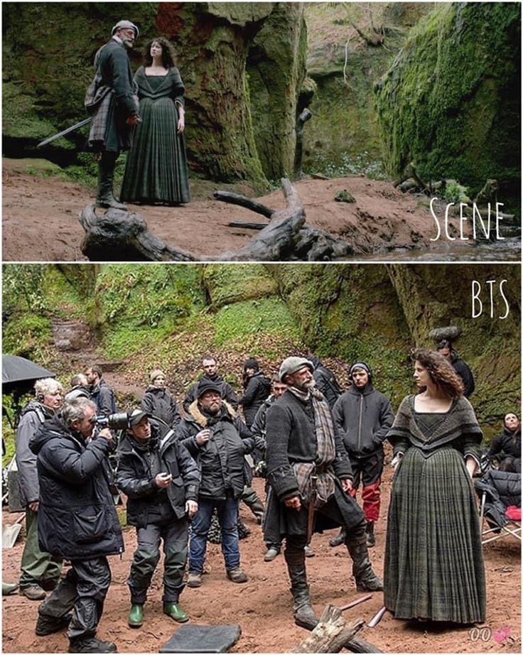 point_blank1959's tweet photo. The actual scene vs. BTS. I know this can ruin the magic, but it's interesting to see how many crew members are involved to create that magic. Credit to Frasers Ridge Brasil/ Entertainment Weekly #outlandercast #outlandercrew #outlanderbts https://t.co/d2hJZMwSMw