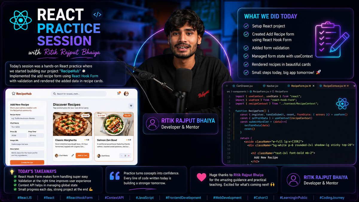 prathamkave's tweet photo. React Practice Session   ⚛️ with @RitikRajput003 
at @sheryians_ COHORT 3.0

• Started building RecipeHub
• React Hook Form with validations
• Context API for shared state
• Reusable Recipe Cards

#ReactJS #JavaScript #ReactHookForm #ContextAPI #Cohort3 #SheryiansCodingSchool https://t.co/efxomaFFKW