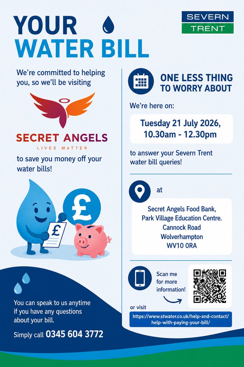 secretangelsuk's tweet photo. 💧 Need help with your @stwater water bill?
Come &amp; speak to the Team at:
📅 Tue 21.07.26 🕥 10.30am–12.30pm 📍 Secret Angels Food Bank, Cannock Rd
FREE advice on reducing bills, affordability schemes &amp; payment support.
🔗 https://t.co/xlSwJ2EJiQ https://t.co/dJ35ywM7W9