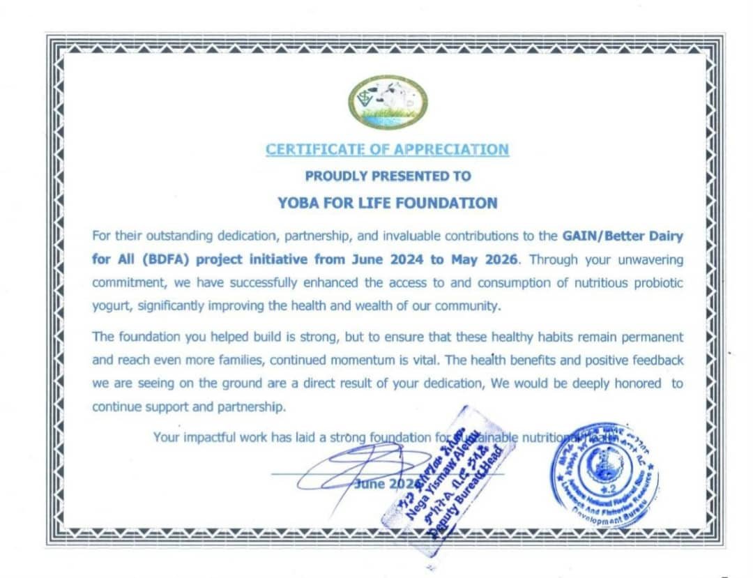 Yoba4Life's tweet photo. Honored to receive a Certificate of Appreciation from the Amhara Region Livestock Office, Northern Ethiopia in recognition of our community empowerment efforts through sustainable dairy development and probiotic yoghurt initiatives.@AmharaRegionLivestock https://t.co/RI8GtZPVbj