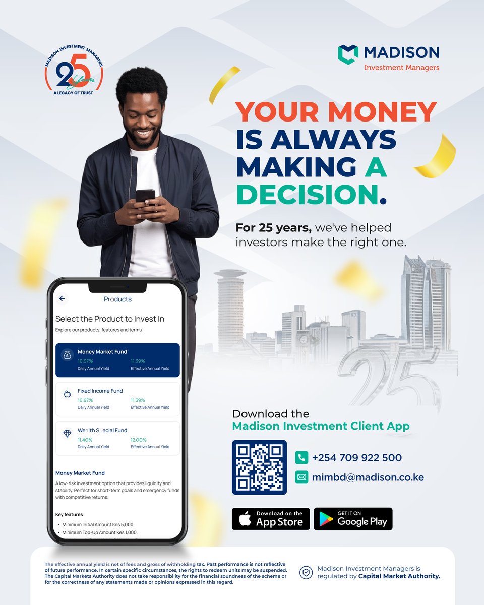 MadisonGroupKe's tweet photo. What is your money doing right now?

Whether it's invested or sitting idle, your money is already doing something.

For 25 years, Madison has helped investors put their money to work.

Invest today: https://t.co/OEMe3JdNVc

#ALegacyofTrust #MadisonInvestmentManagers25 #MMF https://t.co/yXgrhHdV0a