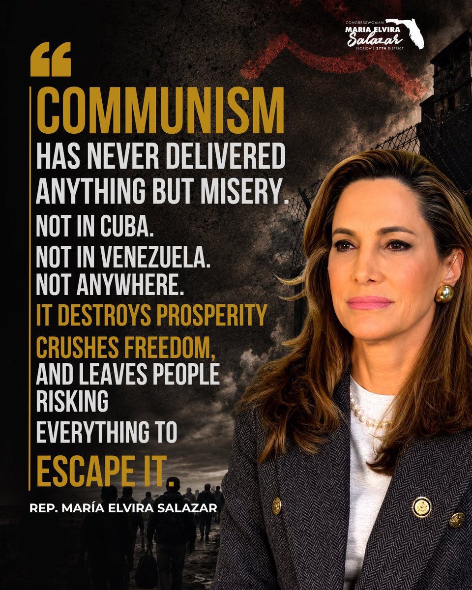 RepMariaSalazar's tweet photo. We have seen what communism does to nations, families, and entire generations.

America must never forget the lessons of those who escaped it. 

Freedom is not guaranteed. It must be defended, protected, and passed on. https://t.co/LhAXxo2F2z