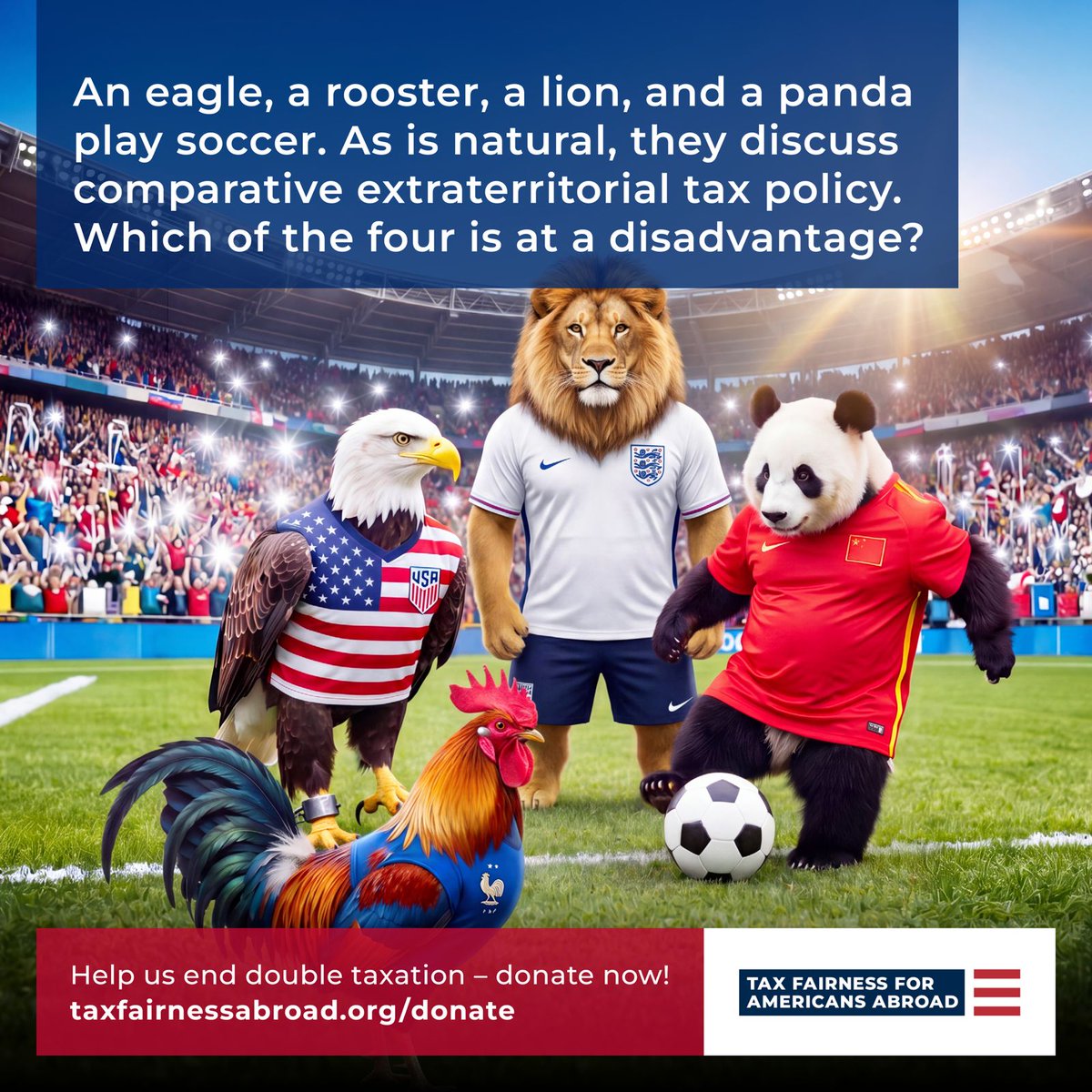 TaxFairUSAbroad's tweet photo. Which country is ahead in the fight for tax fairness for its citizens abroad? Definitely not the United States, unfortunately.

While we are making some progress, the expatriate citizens of almost every other country in the world--including autocracies like Russia,  China and Eritrea--are better off than American citizens living abroad.

The path to change will take us longer than 90 minutes, but Rep. Darin LaHood has already made a good start with the Residence-Based Taxation for Americans Abroad Act, currently under review in Congress.

Now we just need to stay in the game! Please help us.

Our campaign is 100% donation-funded and volunteer driven. If you are an American and support residence-based taxation, please visit https://t.co/f7P7aF37bU to learn more about our campaign, donate, volunteer or share your personal story so we can share it with Congress!