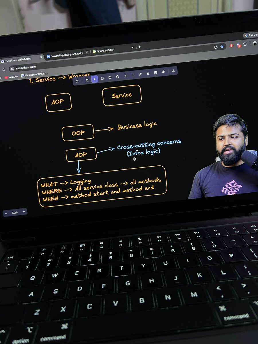 Swadesh072's tweet photo. Learning Spring AOP from first principles understanding why it exists.
This lecture clearly explains cross-cutting concerns  how AOP keeps business logic clean.
Following an excellent Spring Boot series and leveling up my backend architecture skills. #SpringBoot #Java #AOP #BackendDevelopment @rohit_negi9 @CoderArmy @adityatandon02 

https://t.co/LpaGGHe6EZ