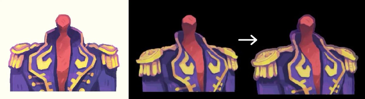SFBDim's tweet photo. Lastly, a bit of tech art from @SFBTom 
- Catherine's art has a coloured outline - not immediately possible, but Tom made a shader that adds it dynamically - taking the colour it's closest to and producing a darker version of it, and then pinching and warping it to look painterly https://t.co/UBdNKTqmWE