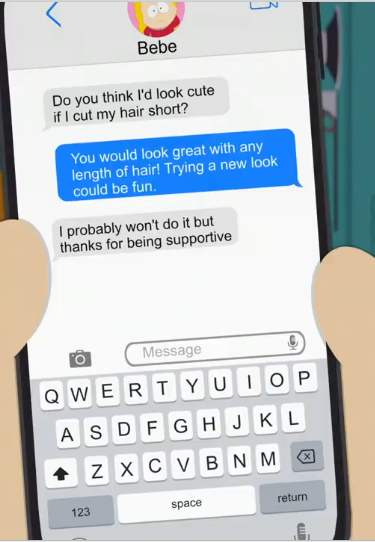 FrancaisChat's tweet photo. Not many people talk about how sad this is and how its more proof of Bebe's own insecurities getting to her. She needed Clyde's approval to cut her hair and even after Clyde's a.i response, she still chose not to go forward with it. #southpark #bebestevens #clydedonovan #clybe https://t.co/31GFR2HJqy