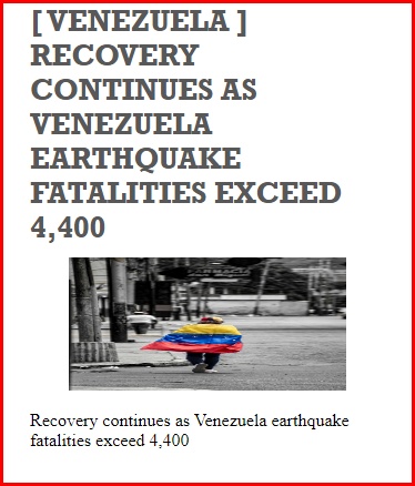 INPrimeMinister's tweet photo. [ VENEZUELA ] RECOVERY CONTINUES AS VENEZUELA EARTHQUAKE FATALITIES EXCEED 4,400

Link: https://t.co/7mXIsIoRbd | News: Recovery co

#venezuela #continues #earthquake #fatalities #breakingnews #INS

Follow us https://t.co/TO8Apz7Kqm