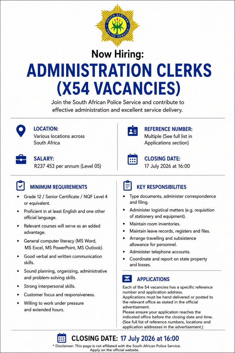 CarolBoitumelo1's tweet photo. SAPS IS HIRING Admin Clerks 

📌 Administration Clerks X54 posts 

South African Police Service
 
Yearly Salary: R237,453

Closing Date: 17 July 2026

Apply using the official Z83 form
Email and hand-delivery accepted.

Good luck! ❤️

See full details: https://t.co/dqGO5DyzmO https://t.co/04JjrlHK2L