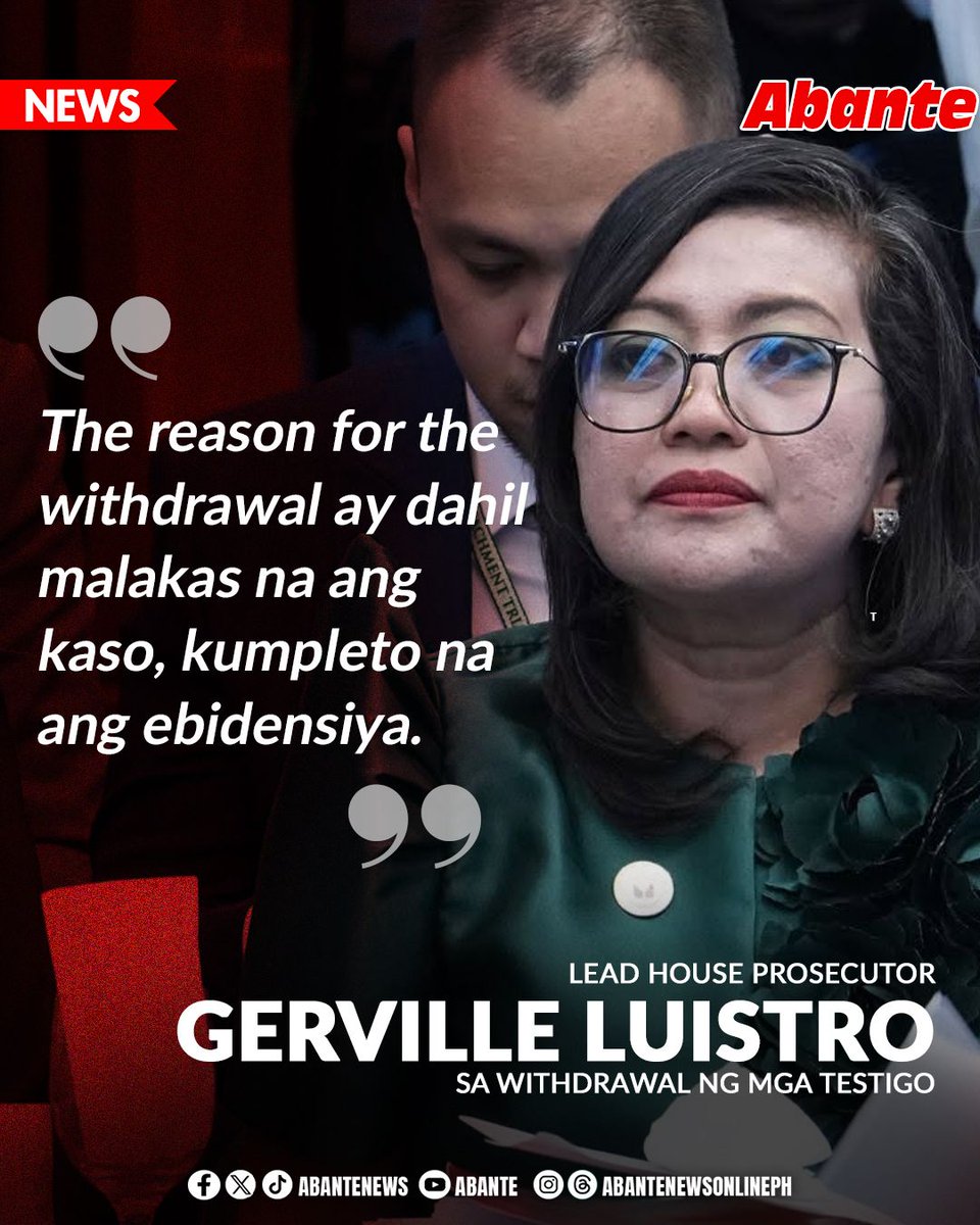 AbanteNews's tweet photo. Ayon kay Lead House Prosecutor Gerville Luistro, malakas na ang kaso at kumpleto na ang mga ebidensiyang iniharap ng prosekusyon kaugnay ng Article IV ng impeachment complaint laban kay Vice President Sara Duterte.

Dahil dito, sinabi ni Luistro na lilipat na ang impeachment court sa pagtalakay sa Article I, na may kaugnayan sa isyu ng confidential funds.

PANOORIN:https://t.co/gzYuqhbCWh