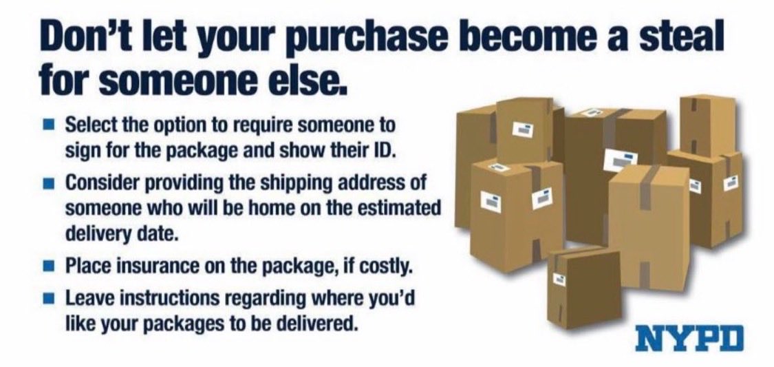 NYPD76Pct's tweet photo. 📦🚨 Help prevent package theft!
• Track your deliveries. • Bring packages inside promptly. • Request a signature for valuable items. • Use a video doorbell or security camera. • Have a trusted neighbor collect packages if you’re away.
Stay alert and safe! https://t.co/xDneUdp1wp