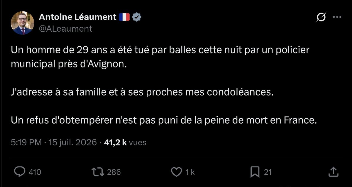 F_Desouche's tweet photo. Avignon (84) : après un refus d'obtempérer et une course-poursuite, un homme « très connu des services de police » et en régime de semi-liberté, force un barrage et touche un policier ; le fuyard a été blessé mortellement par balle https://t.co/no667iHhGM https://t.co/pU1752szb8