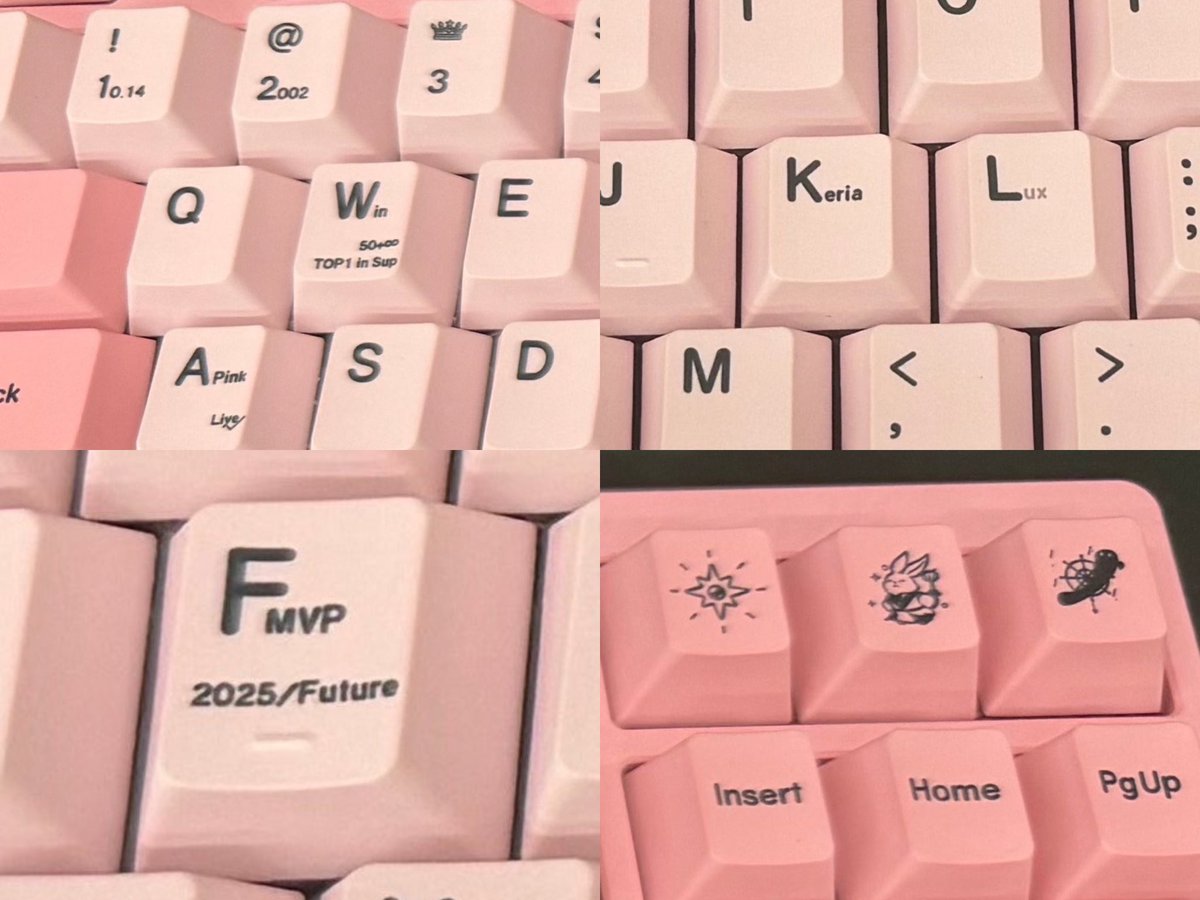 dearyhyeokie's tweet photo. Keria's Keyboard ⌨️🩷

! > 10.14 (Keria's birthday)
@ > 2002
3 > 👑 = Three-peat
W > Win, 50+∞ Top 1 in SUP
T > T1
A > Apink
F > FMVP 2025/future
K > Keria
L > Lux
There's also T1 Bard and Keria's signature on the keyboard.

🍀 Keria FMVP 🍀 https://t.co/5N7F6ScwiD