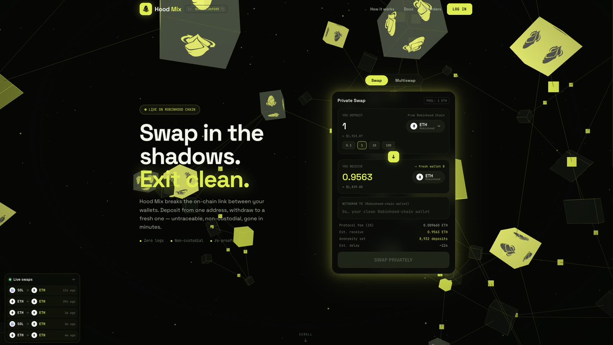 HoodMixApp's tweet photo. Hey @ponsdotfamily,

Hood Mix has built the first mixer on Robinhood chain. Users can privately bridge their Ethereum or Solana to Robinhood Ethereum, in less than 15 seconds.

Holders of Hood Mix will be entitled to 100% of the revenue share generated from our swap.

To answer your question... Hood Mix is building on Robinhood chain right now, and we launched on Pons platform.