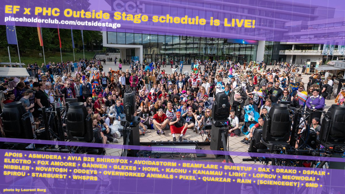 PlaceholderClub's tweet photo. The EF x PHC Outside Stage's lineup is out!
Catch a variety of performers throughout all of Eurofurence, 15:00 to 22:00 CEST.

Performance times may shift - stay up to date with our website!
https://t.co/G74JwKDouz https://t.co/3V35UjtTtu