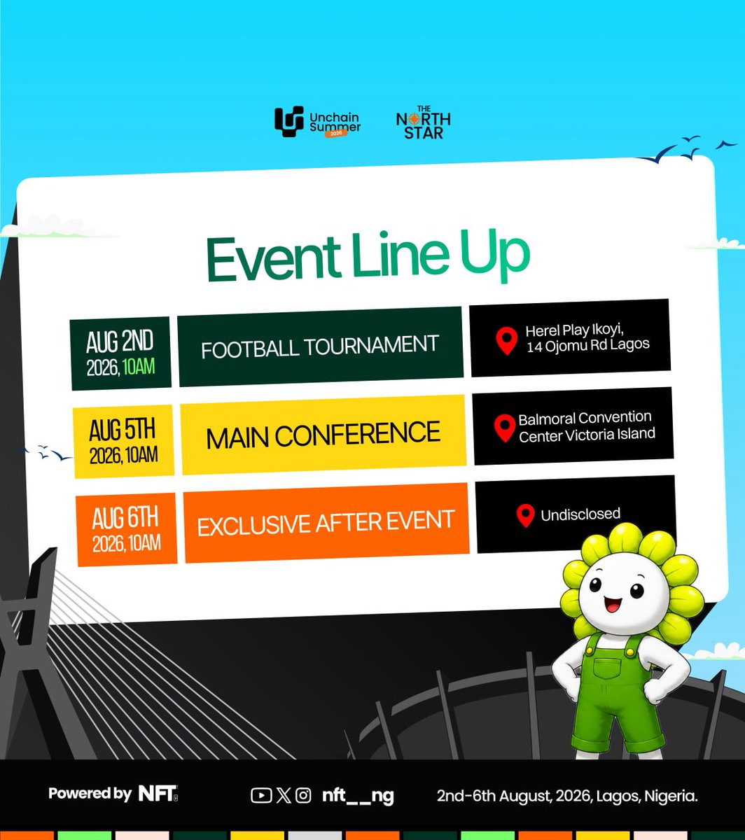 DevEmmanuel24's tweet photo. Web3 lives online 360 days a year. These 5 days in Lagos are the reminder that the people behind the timelines are real, in one room, arguing about the same things you argue about in the replies. Be there 🔥#UnchainSummer26 #UnchainTakeover https://t.co/Mp5bYOBxSz