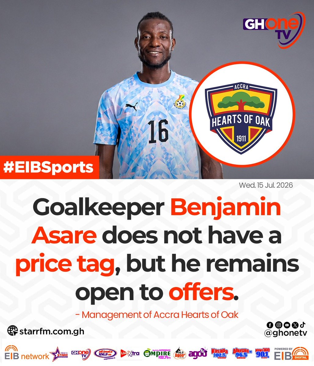 ghonetv's tweet photo. Goalkeeper Benjamin Asare does not have a price tag, but he remains open to offers... - Management of Accra Hearts of Oak

#EIBSports
#GHOneNews #EIBNetwork
#GHOneTV #NewsAlert https://t.co/zb0FsudtLx