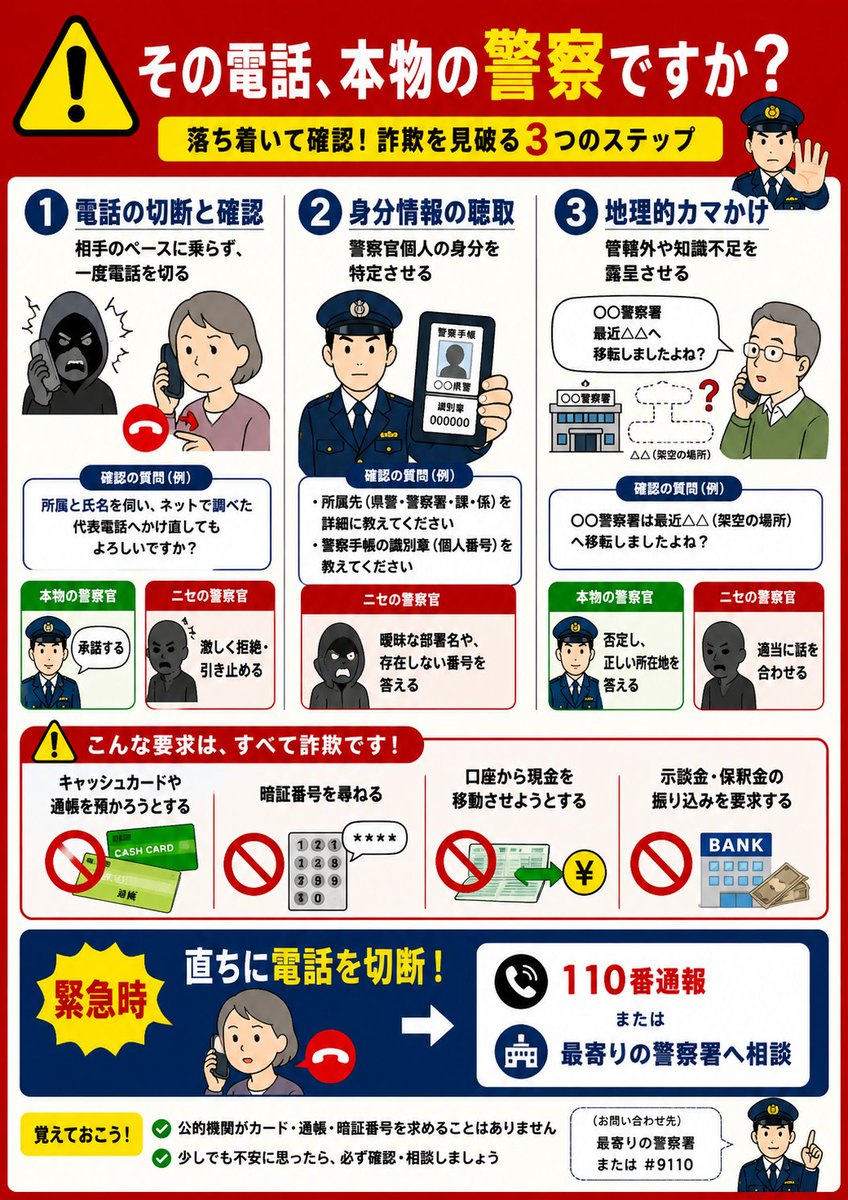 YKinows's tweet photo. 定期的にかかってくる詐欺電話対策に、
とりあえず手元にこれ置いとこう。
警察名乗ってても、一回切って公式番号にかけ直す。
カード・暗証番号・振込の話が出たらほぼアウト。

#詐欺電話 #特殊詐欺 #注意喚起 #防犯 #AI生成 https://t.co/xXkE62dmtK